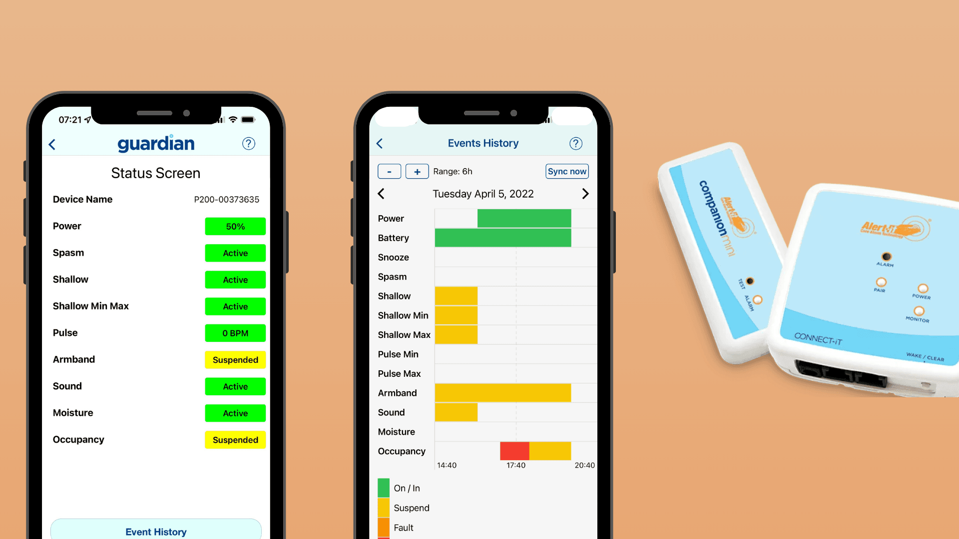 Screenshots of the pulse companion alert-it mobile app and device