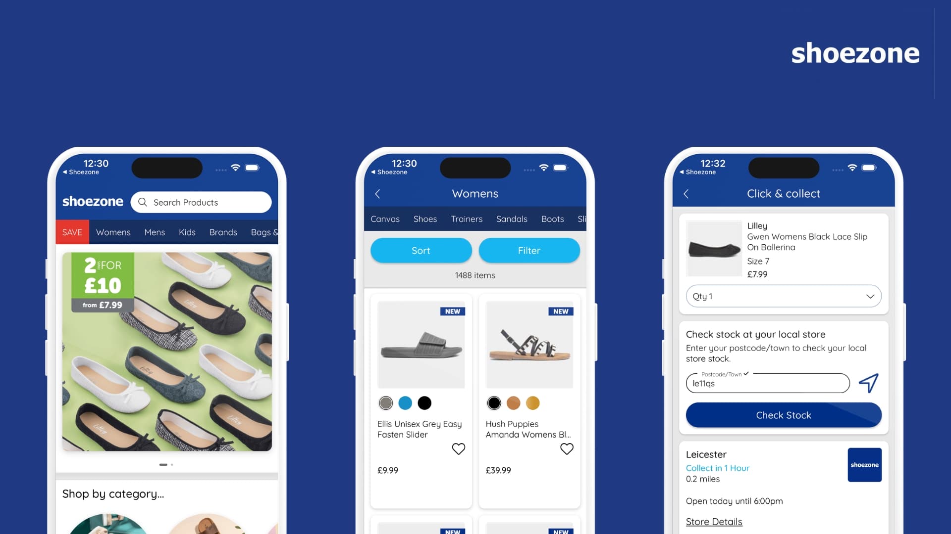 The Shoezone Mobile App showcasing the Home Page, Womens shoes and Click and Collect features