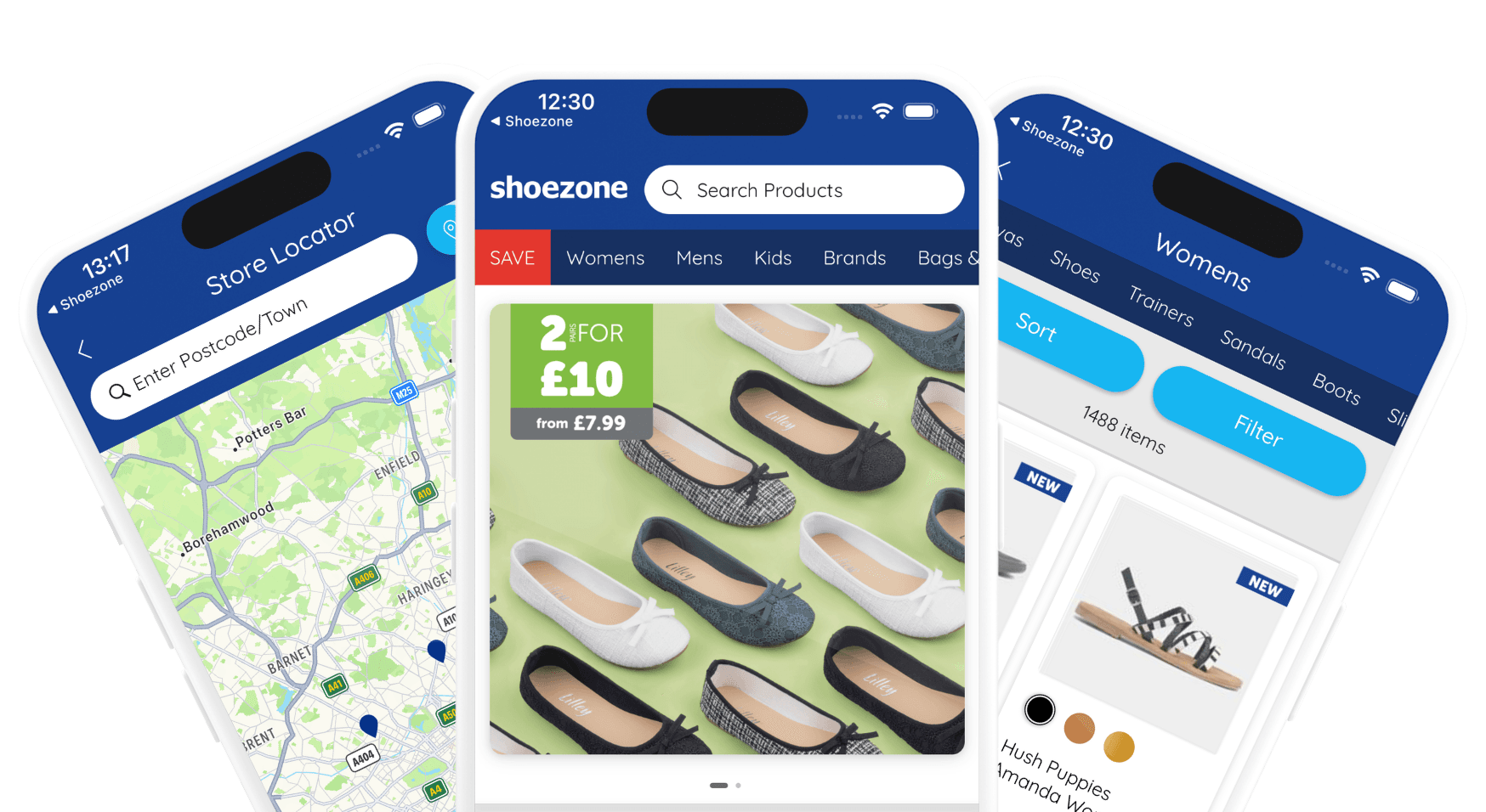 Mobile and web application showcases showing various app interfaces