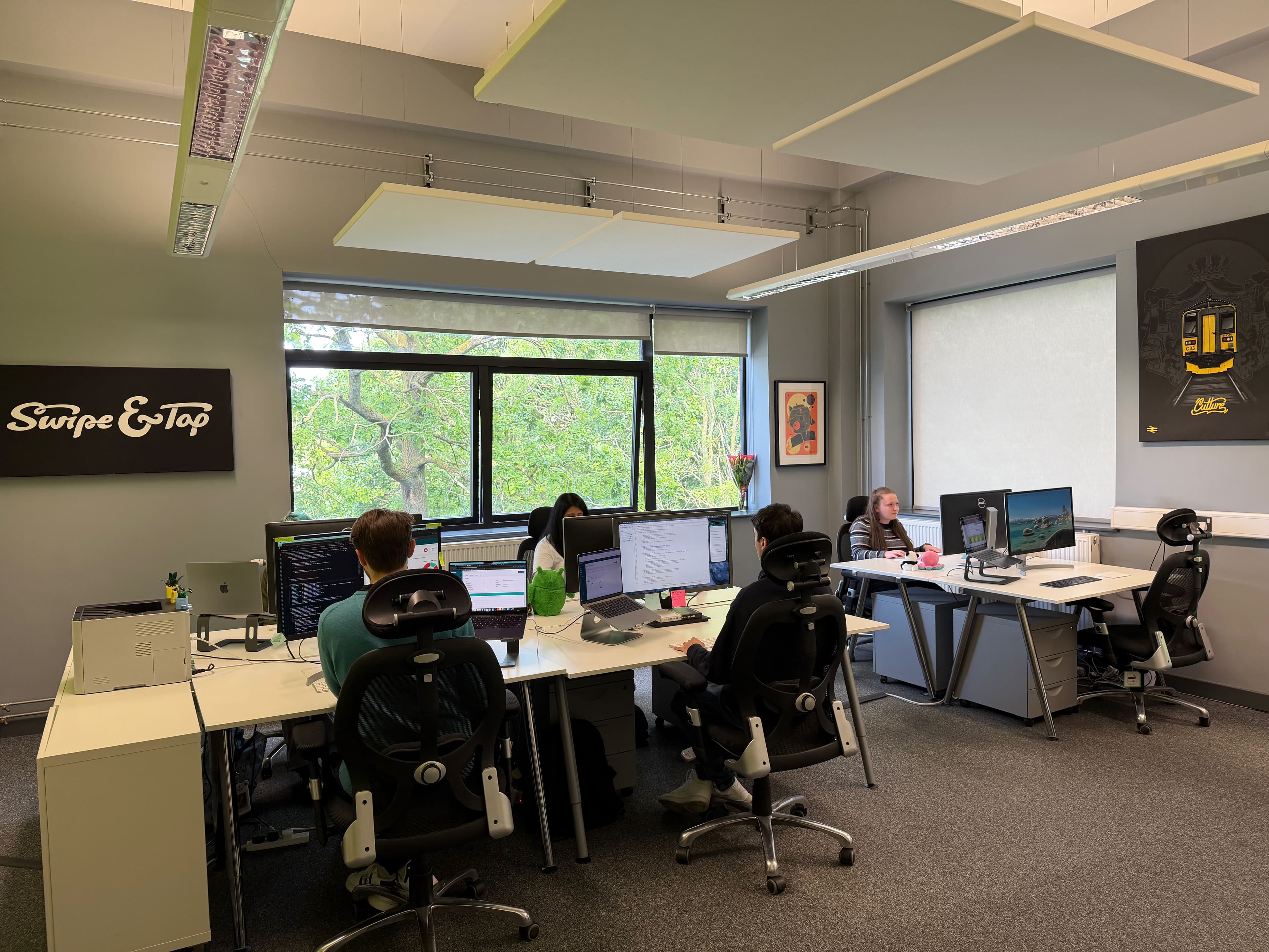Software development team collaboration in office setting